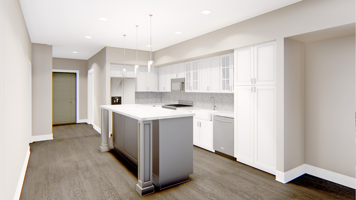 Spacious apartment kitchen in Royal Oak, MI with center island, stainless steel appliances, and recessed lighting